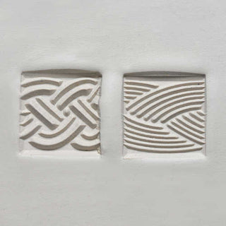 MKM SSM 013 medium square stamp with braid texture for pottery, made by MKM Pottery Tools, shown on clay.