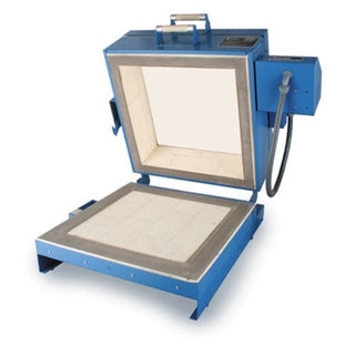 Paragon CS19D glass clamshell kiln for fusing, black exterior with digital control panel and glass shelves inside.