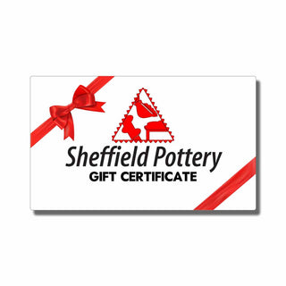 Gift certificate from Sheffield Pottery Inc., featuring a stylish design, perfect for pottery enthusiasts and creative gifting.