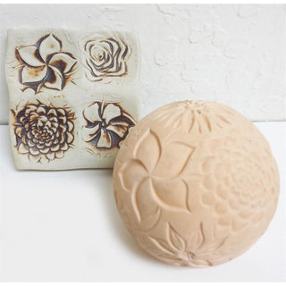 Olander Earthworks TS-4 Flowers Moon Ball texture sphere with floral carved surface for clay and pottery texturing.