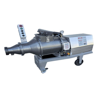 Peter Pugger VPM-60SS pugmill and clay mixer showing stainless steel construction and mixing chamber for pottery and ceramics.