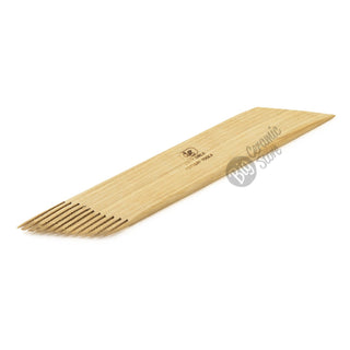 Dirty Girls Pottery Tools 8" Angled Wooden Comb, a sculpting tool for pottery and clay shaping with a textured wooden handle.